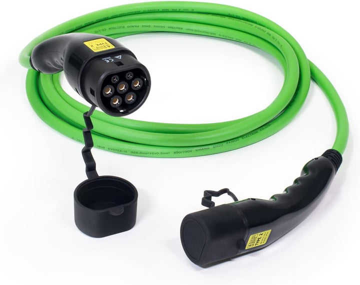 Ladekabel für Elektroauto Typ2-Typ2 16A 3-phasig 11kW Mode 3, Glatte Ausführung, 5 Meter Kabel, grün