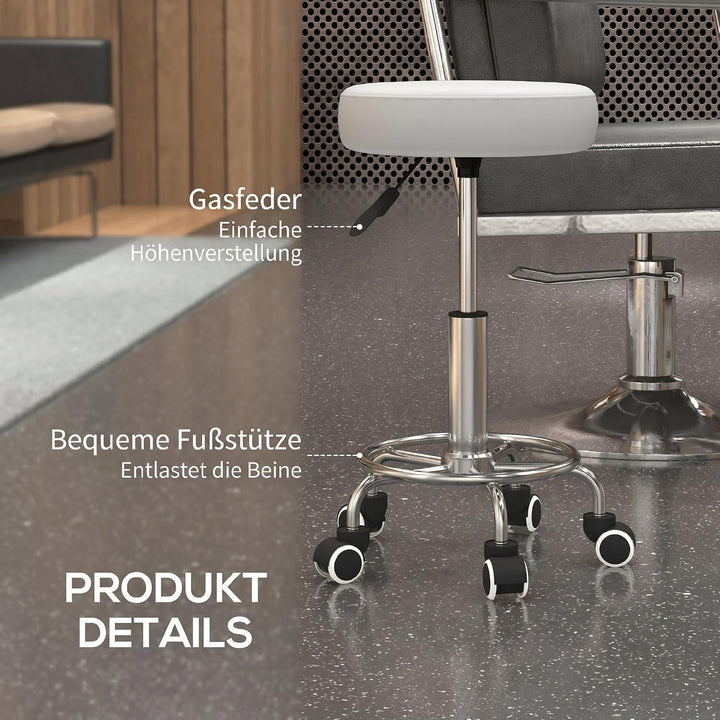 Vinsetto Rollhocker Höhenverstellbar mit Fussring Weiss Ø42 x 50-64 cm | Arbeitshocker, Drehbarer Sa