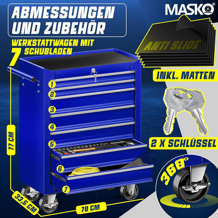 MASKO® Werkstattwagen - 7 Schubladen, blau ? Abschliessbar ? Massives Metall | Werkzeug-Wagen | Prof