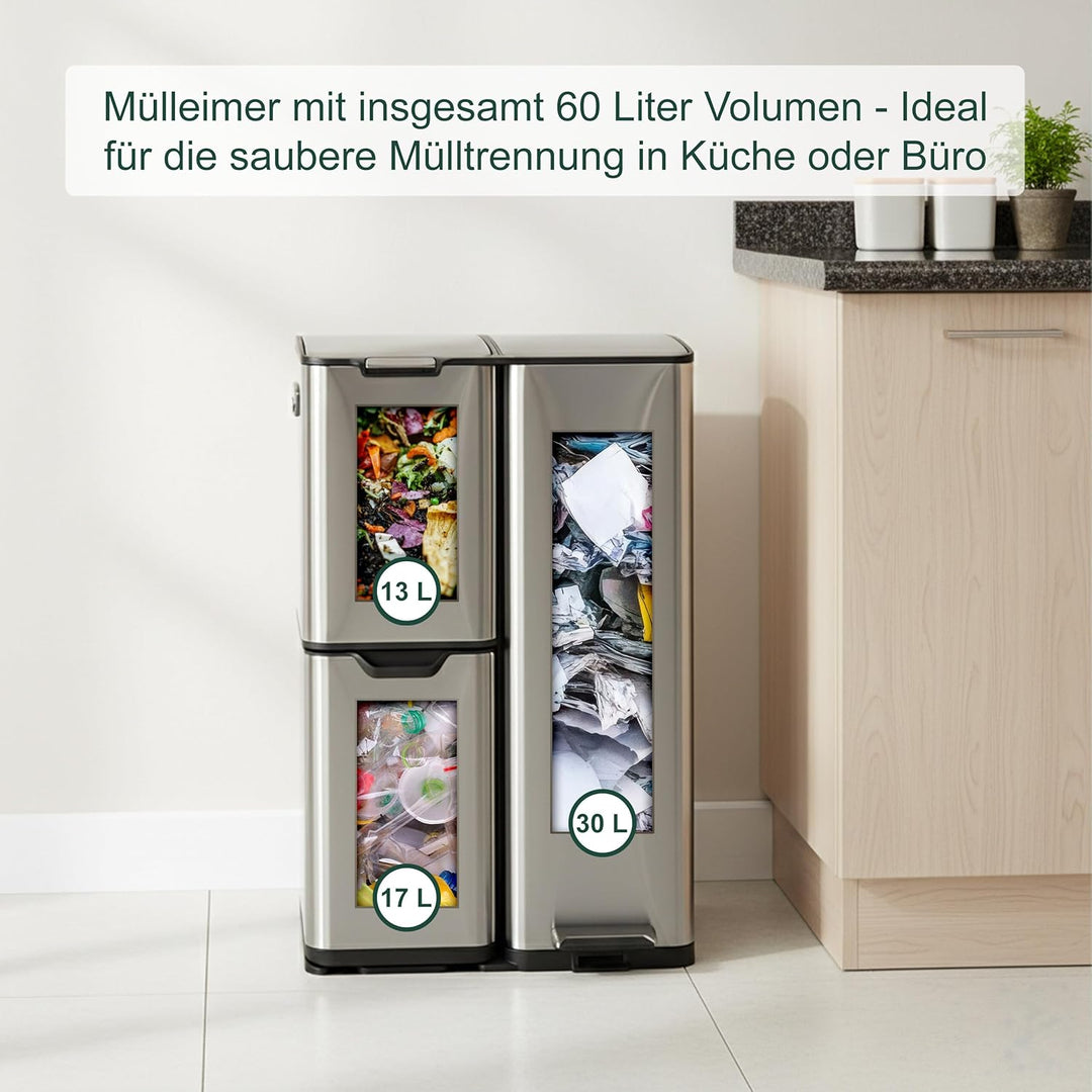 Relaxdays Mülleimer, 3 Fächer, 60 L, entnehmbare Inneneimer, Soft Close, Fusspedal, Edelstahl, Müllt