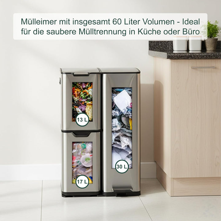 Relaxdays Mülleimer, 3 Fächer, 60 L, entnehmbare Inneneimer, Soft Close, Fusspedal, Edelstahl, Müllt