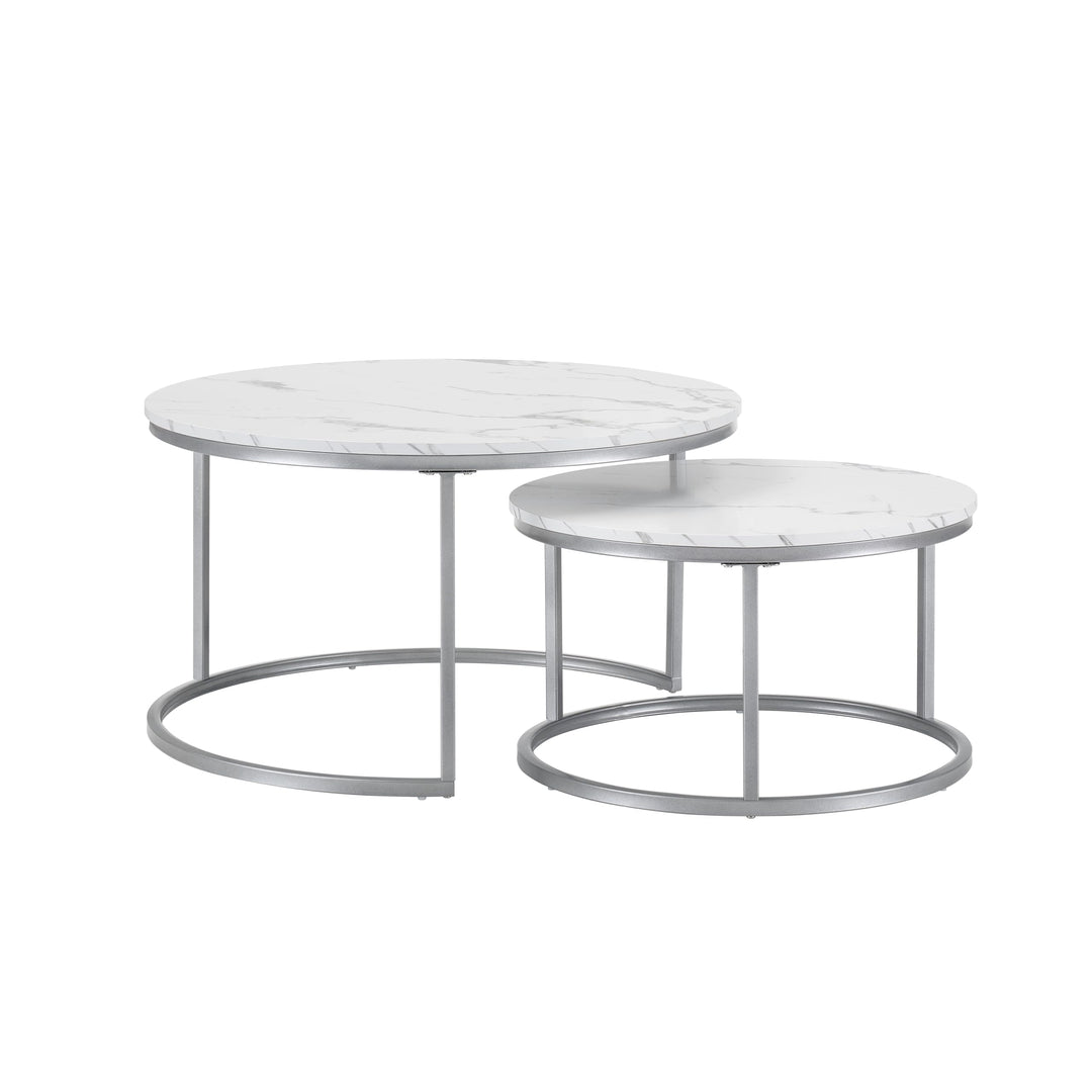 hitsuki Couchtisch, Marmor Couchtisch Silber, Couchtisch Rund 2er Set, Wohnzimmertisch weiss aus Met