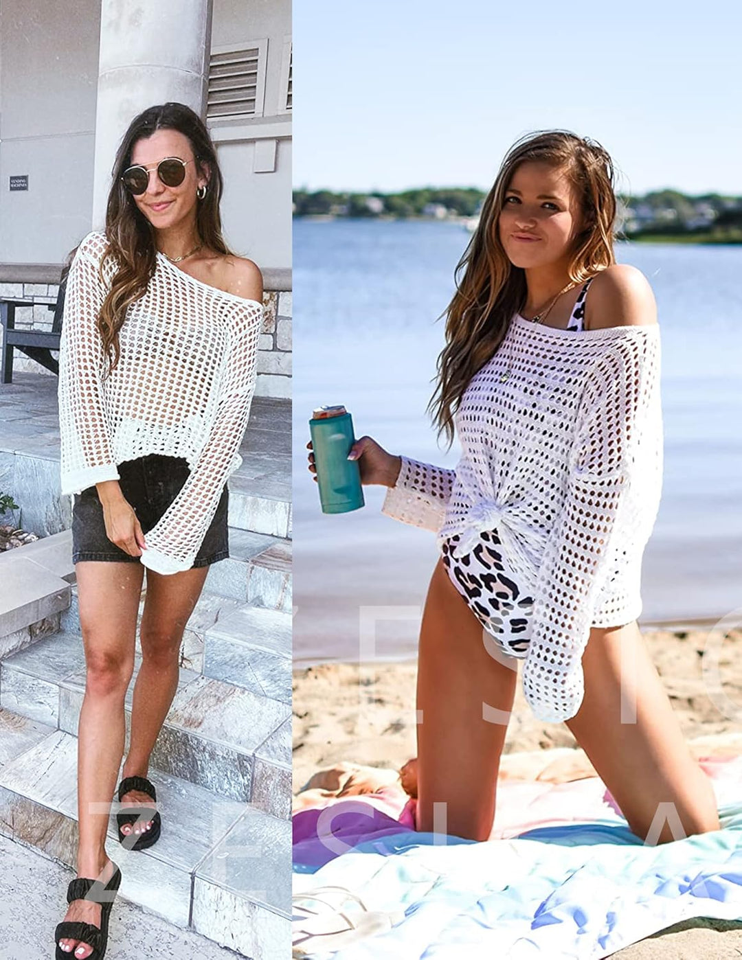 ZESICA Frauen 2023 Sommer Häkeln Aushöhlen Langarm Strand Bikini Badeanzug Mesh Cover Up Tunika Top