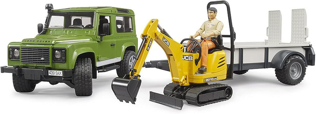 bruder 02593 - Land Rover Defender Station Wagon mit Einachsanhänger, JCB Mikrobagger 8010 Cts, Baua