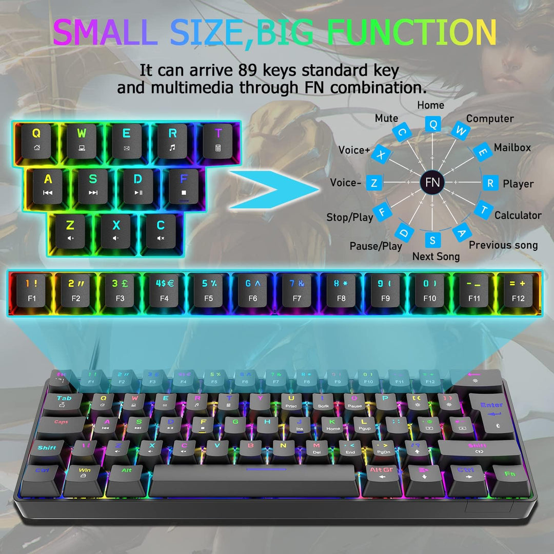 Mini 60% RGB Gaming-Tastatur,Mechanischer Blaue Schalter mit Kompakten 62 Tasten,18 RGB LED-Chroma-H
