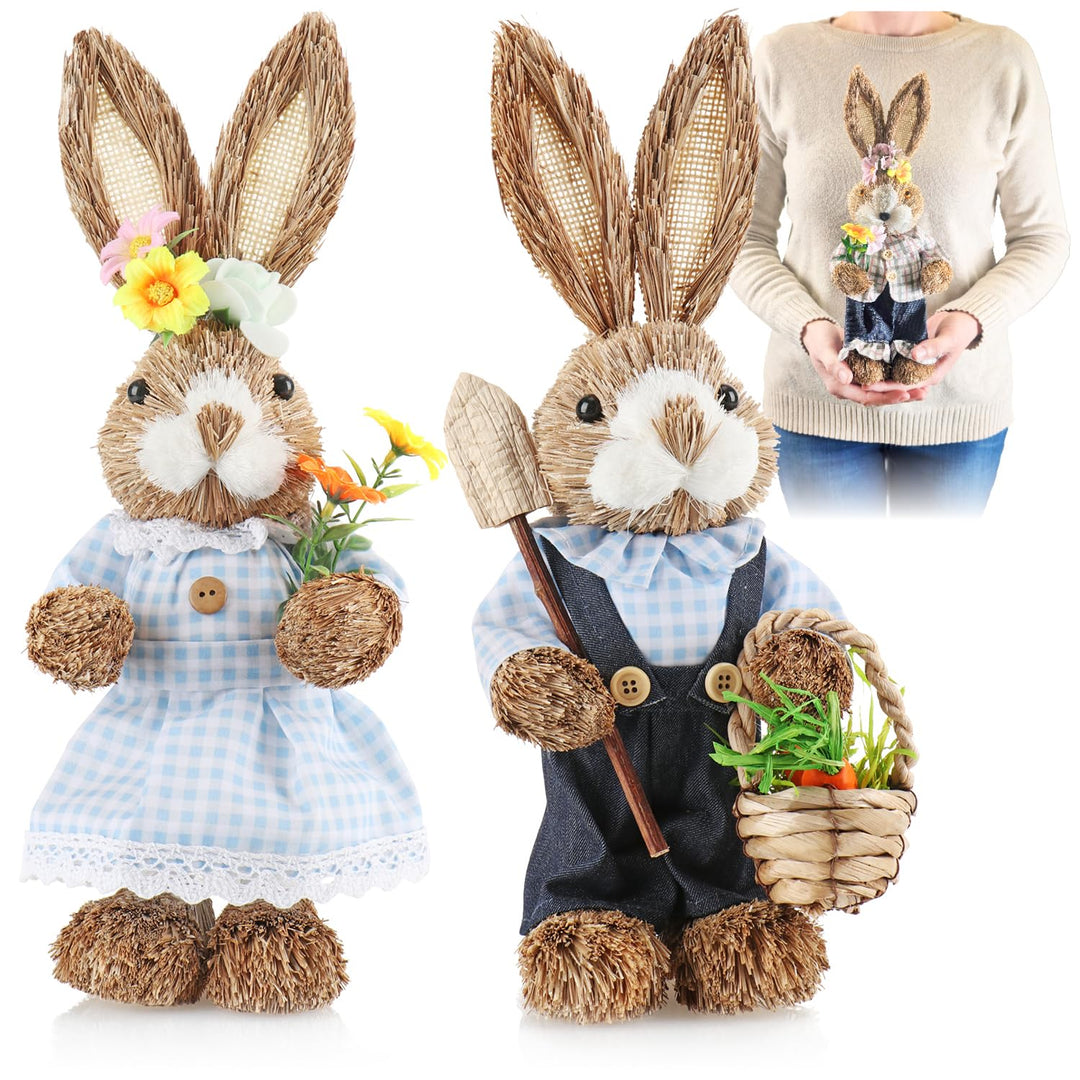com-four® 2X Stroh Osterhase handgemacht - Deko-Osterhase zur Osterdekoration - Strohfiguren für Ost