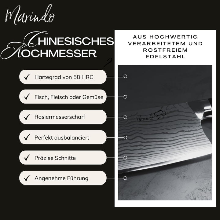 Marindo Chinesisches Kochmesser Edelstahl | 18cm Klingenlänge | Küchenbeil mit dreifach genietetem H