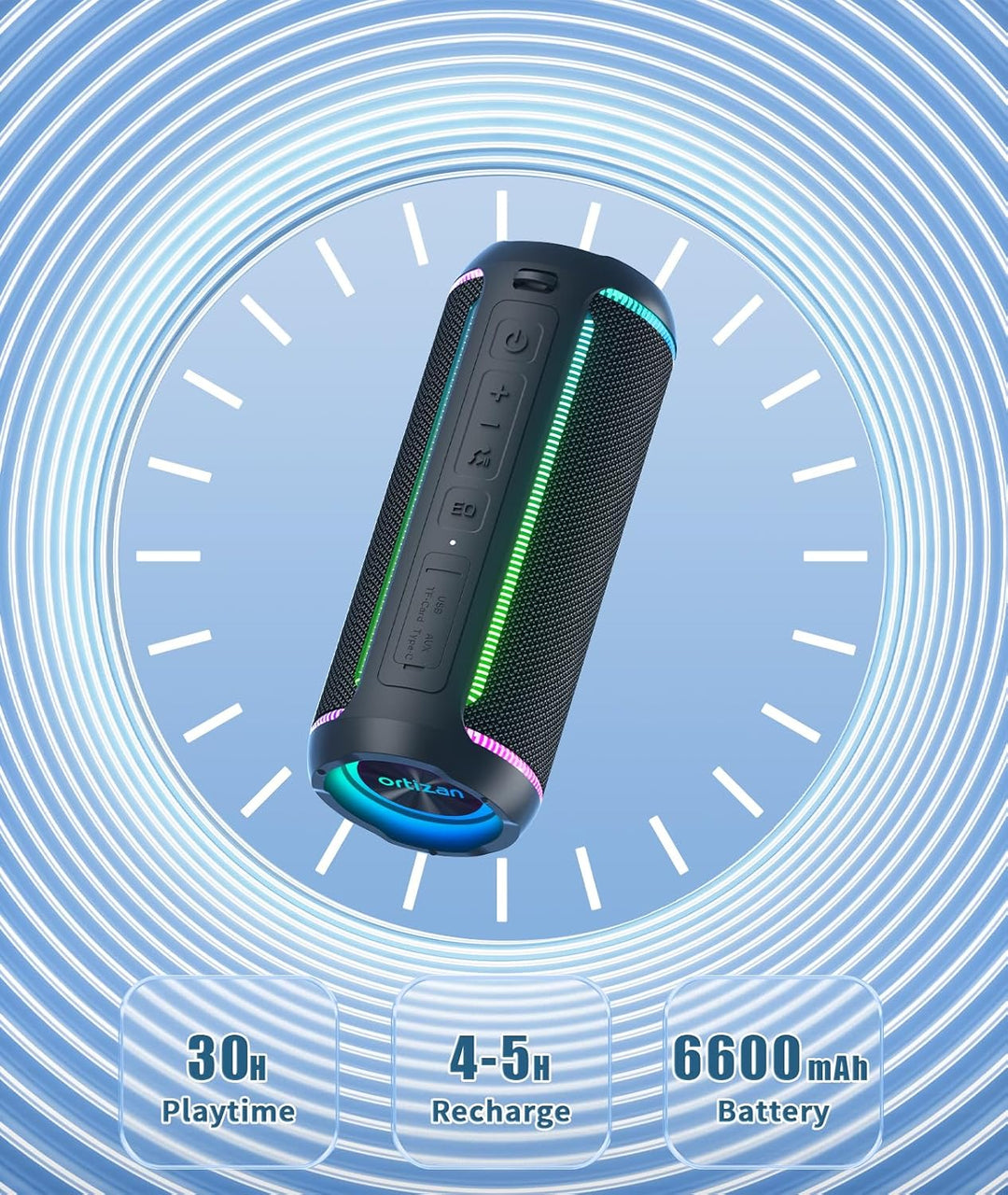 Ortizan Bluetooth Lautsprecher, Musikbox mit LED-Licht, Bluetooth 5.3, 30 Stunden Spielzeit, tragbar