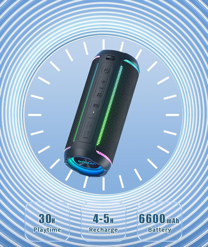 Ortizan Bluetooth Lautsprecher, Musikbox mit LED-Licht, Bluetooth 5.3, 30 Stunden Spielzeit, tragbar