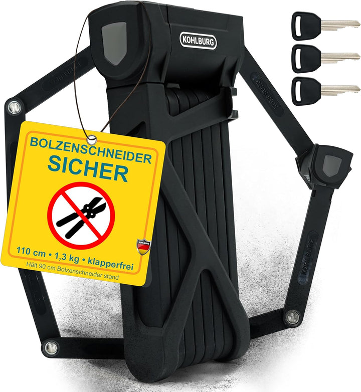 KOHLBURG 110cm Fahrrad Faltschloss Schlüssel [Bolzenschneider-sicher] als e Bike Schloss & Fahrradsc