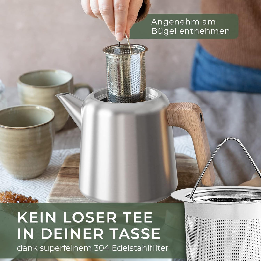 WALDWERK Teekanne mit Stövchen (1,1L) - Edelstahl mit Siebeinsatz - Tropffrei - Griffen aus Eichenho