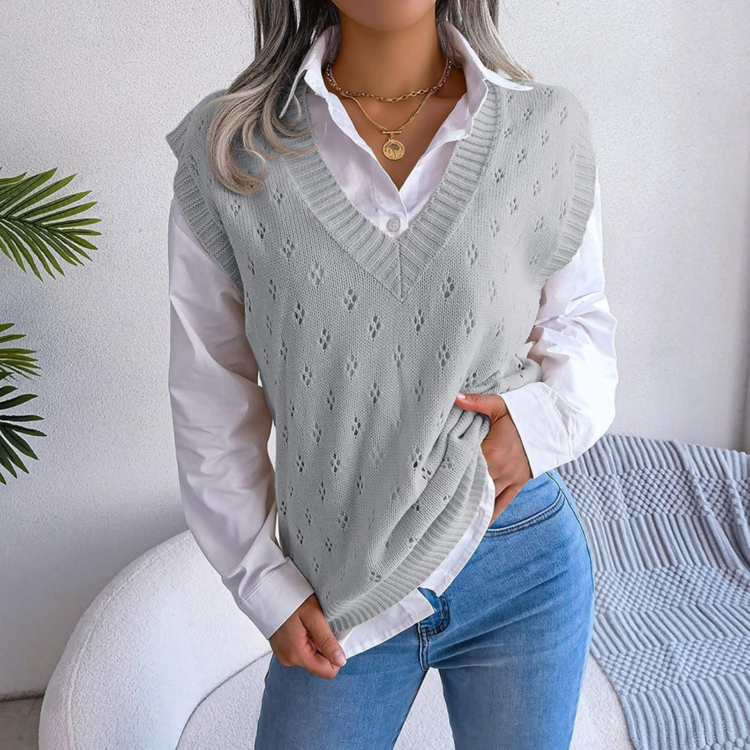 Ärmellose Strickweste für Damen, V-Ausschnitt, College-Pullover, Übergrösse Grau M, Grau M