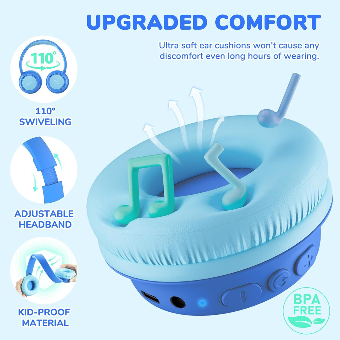 iClever Bluetooth Kopfhörer Kinder, 60 Std Akku, 74/85 dBA Lautstärkebegrenzung, Stereo-Sound, Typ-C