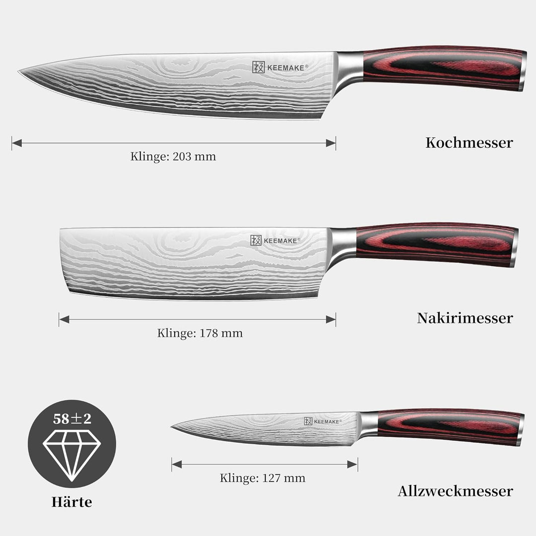 KEEMAKE Messerset 3 teilig, Küchenmesser Set aus Edelstahl mit Profi Kochmesser Nakiri Messer Allzwe