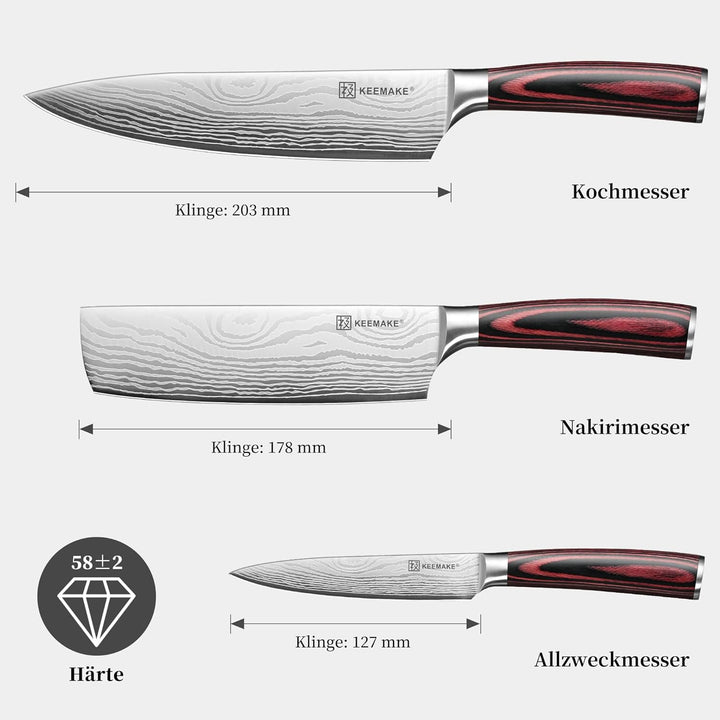 KEEMAKE Messerset 3 teilig, Küchenmesser Set aus Edelstahl mit Profi Kochmesser Nakiri Messer Allzwe