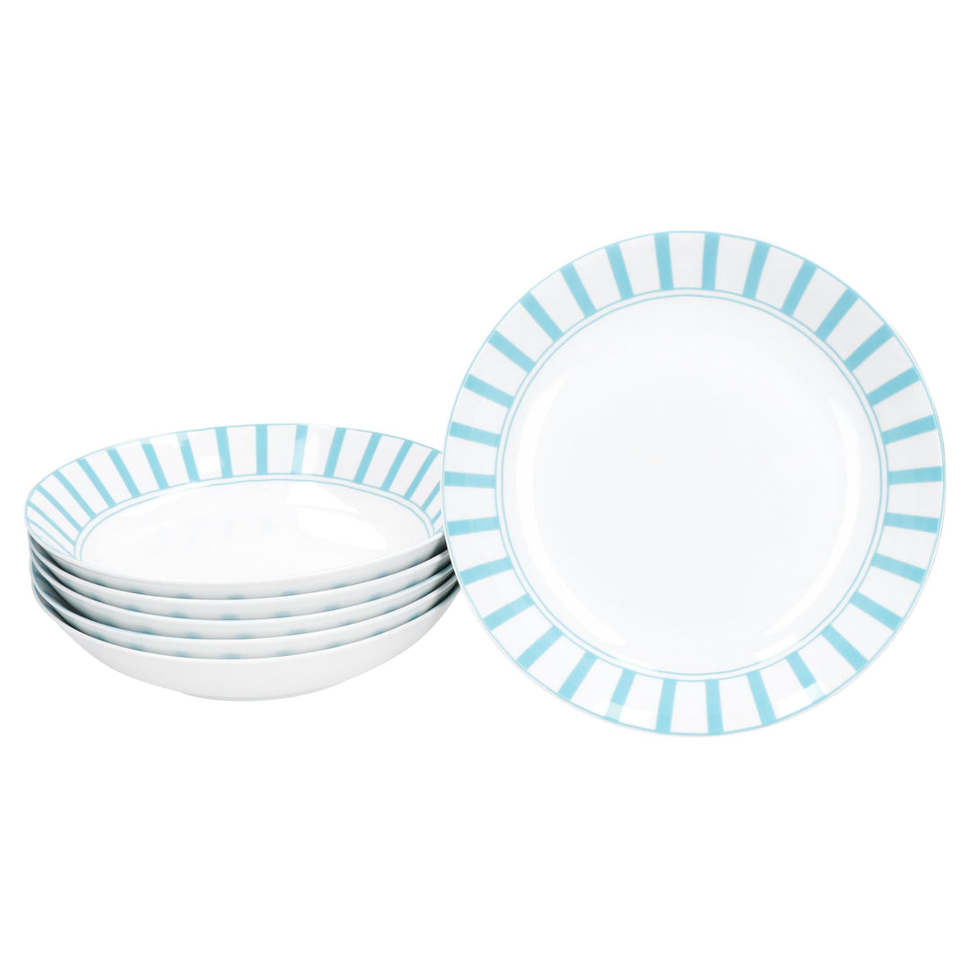 MamboCat Split türkis 6er Set Suppenteller I 450ml I weisses Porzellan-Geschirr mit Streifen für 6 P