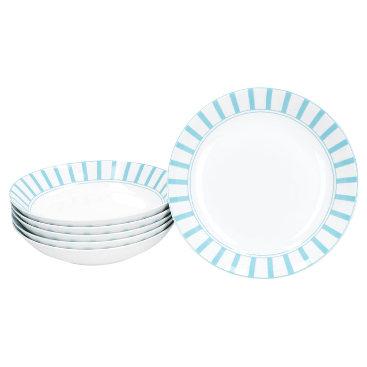 MamboCat Split türkis 6er Set Suppenteller I 450ml I weisses Porzellan-Geschirr mit Streifen für 6 P