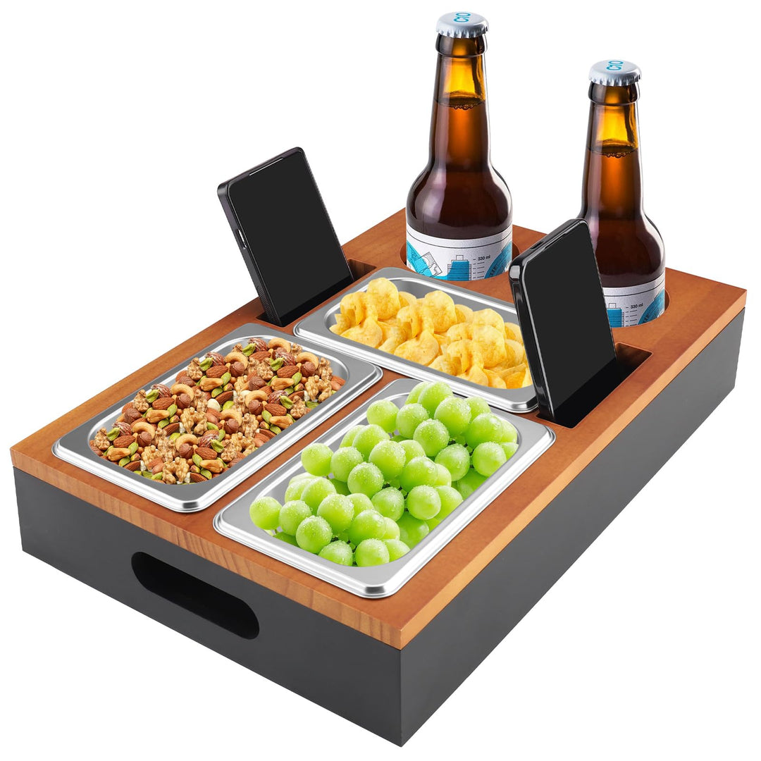 Foydream Couchbar Snackbox, Sofa Tablett Holz mit 3 Snackschalen, 2 Getränkehalter and Handyhalterun