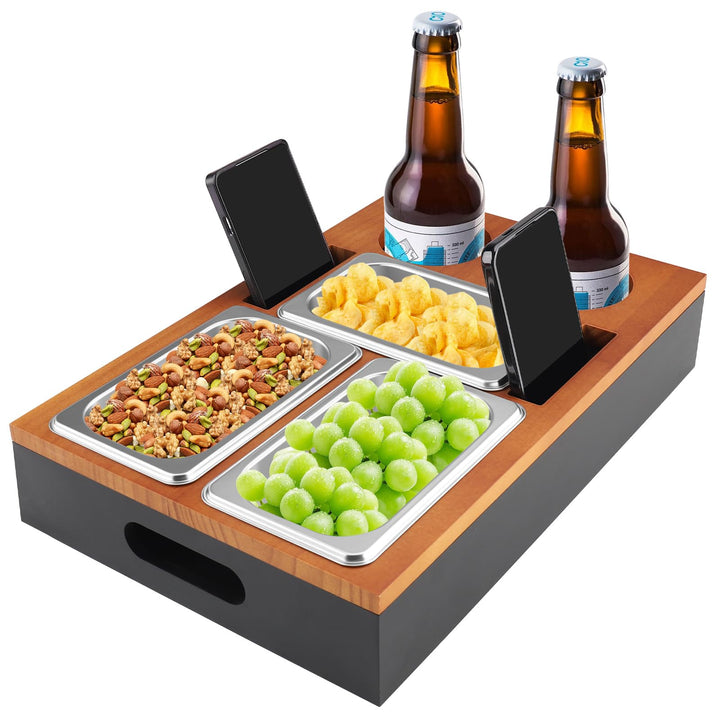 Foydream Couchbar Snackbox, Sofa Tablett Holz mit 3 Snackschalen, 2 Getränkehalter and Handyhalterun