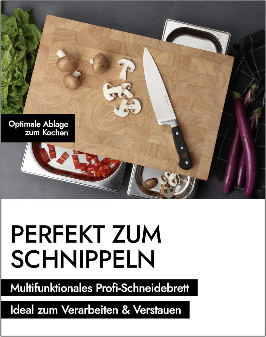 CONTINENTA Schneidebrett Mit 3 Auffangschalen | Holzbrett Mit Hitzebeständigem Edelstahl-Tablett | A