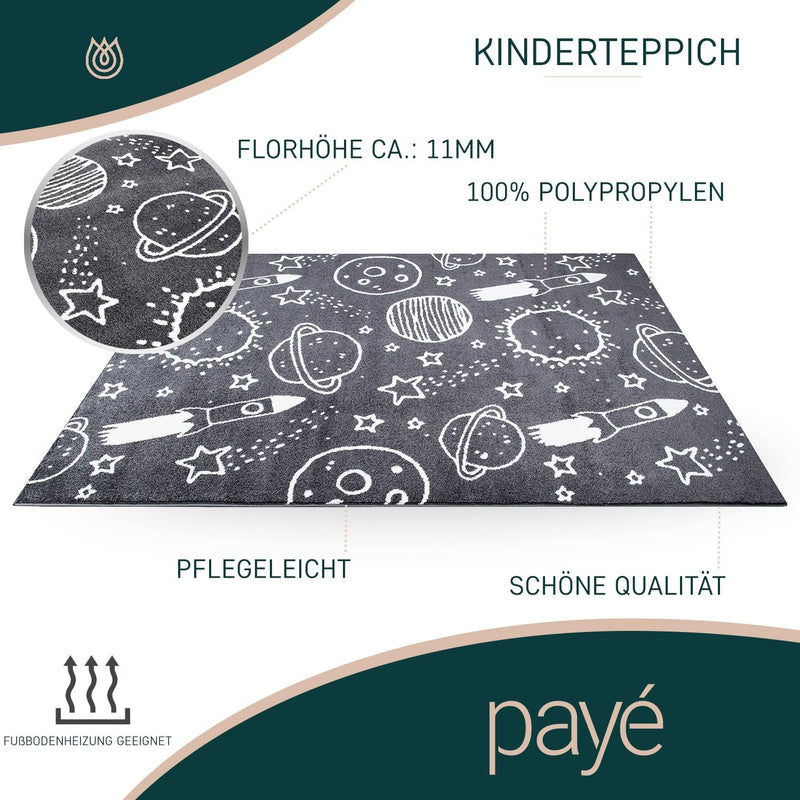 payé Teppich Kinderzimmer Läufer - Grau - 80x150cm - Galaxy Unviersum Weltall Stern Rakete Spieltepp