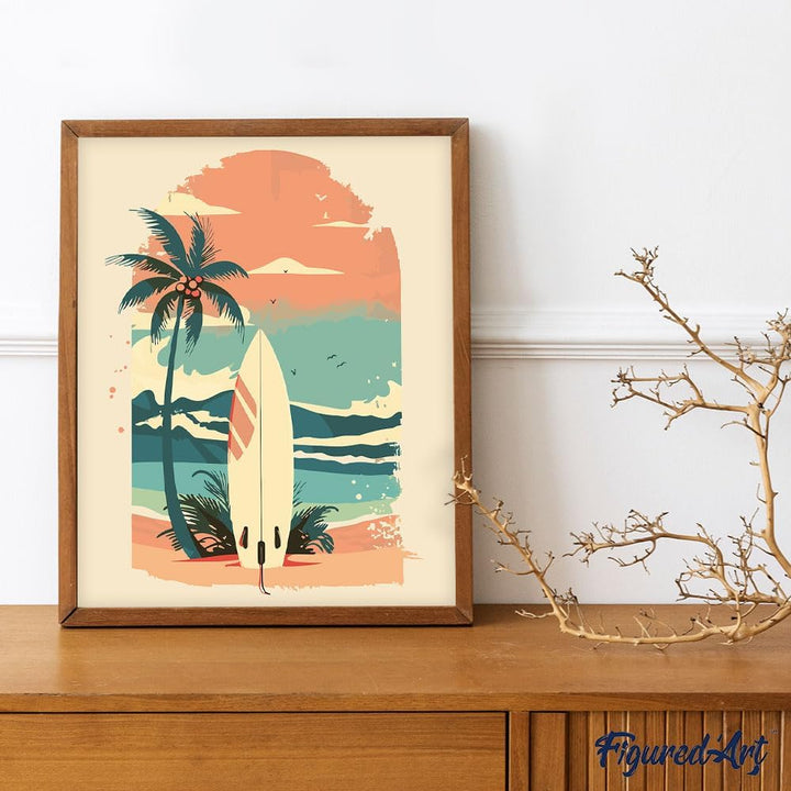 Figured'Art Malen Nach Zahlen Erwachsene Mit Rahmen Surfbrett am Strand - Paint by Numbers Basteln D