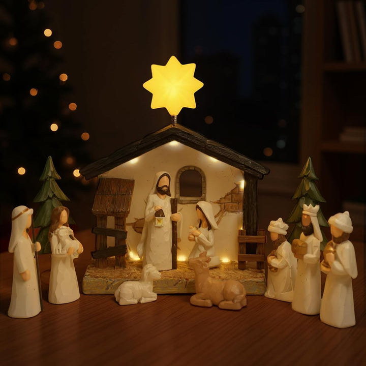 Top-spring Krippenfiguren Set, Weihnachtskrippe mit Beleuchtung, Krippe Weihnachten Komplettset, Kri