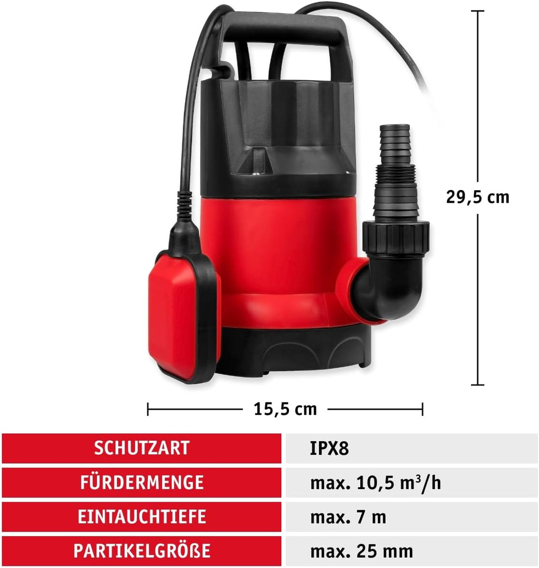 WALTER Schmutzwassertauchpumpe Set (550W, 10.500l/h, Förderhöhe max. 7m, Anschlusskabel 10m, Schwimm
