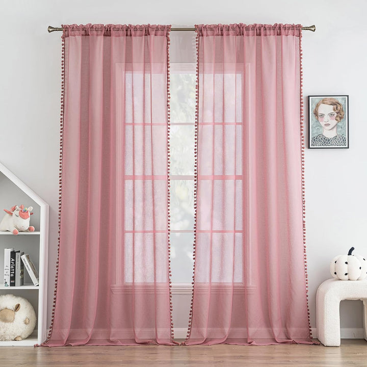 MIULEE Voile Gardine Pompons Stangendurchzug 2er Set B140 H145 Altrosa | Luftige Voile-Gardine mit P