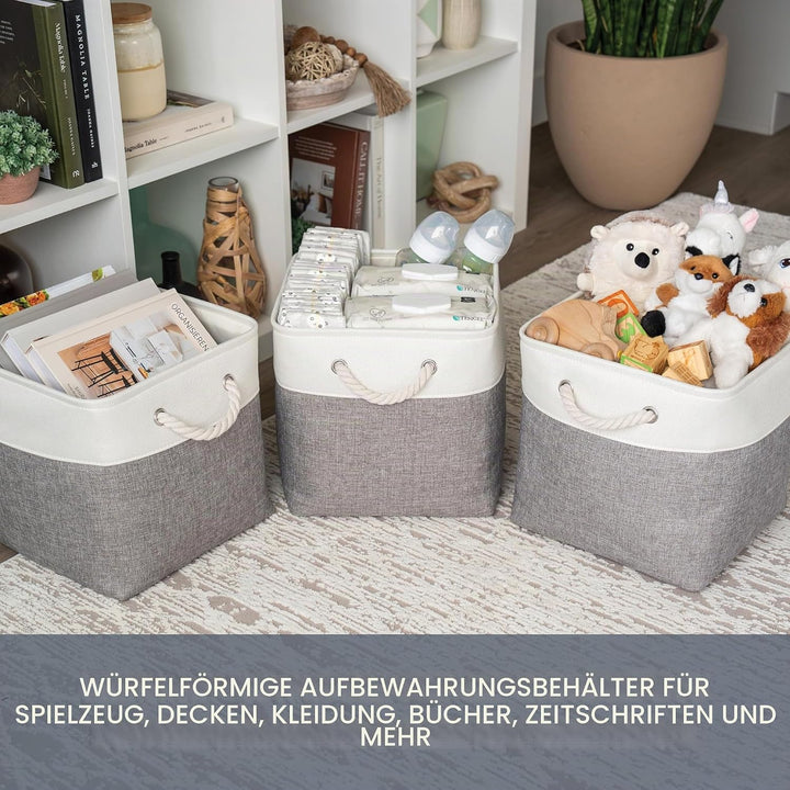 OrganiHaus Aufbewahrungsbox 28x28cm 3er-Set, Würfelkörbe aus Stoff mit Seilgriffen, Faltbare Aufbewa