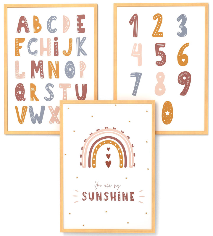 Papierschmiede® Kinderbilder 3er Set Lernposter, A4 gerahmt in Holzrahmen (Natur), Geschenk für Mädc