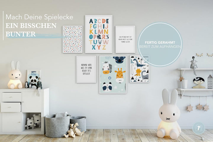 Papierschmiede® Bilder Kinderzimmer Kids Mood Poster Set ABC Dino Safari, Gerahmte Bilder fürs Kinde