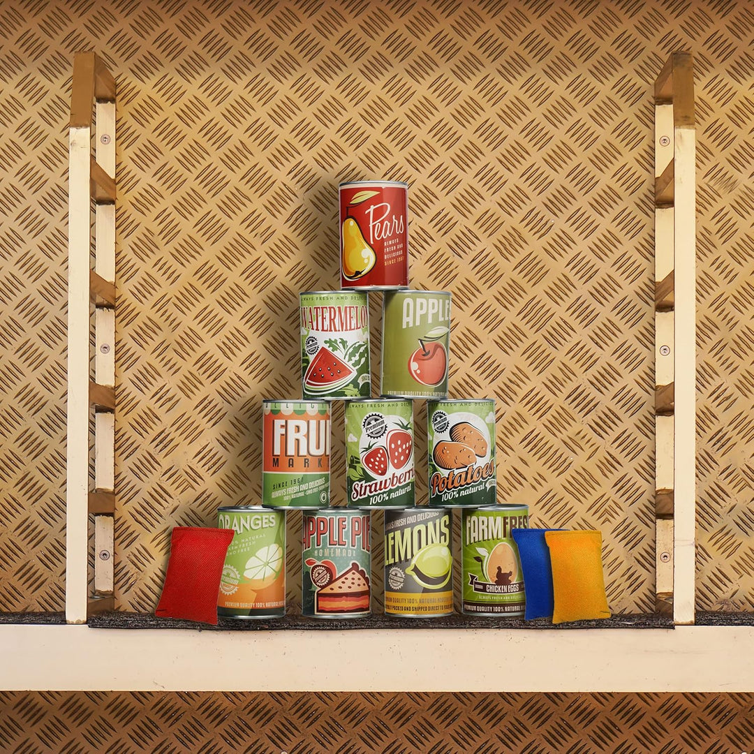 Relaxdays Dosenwerfen für Kinder, Büchsenwerfen Garten, 10 Blechdosen & 3 Säcke, Wurfspiel für Kinde