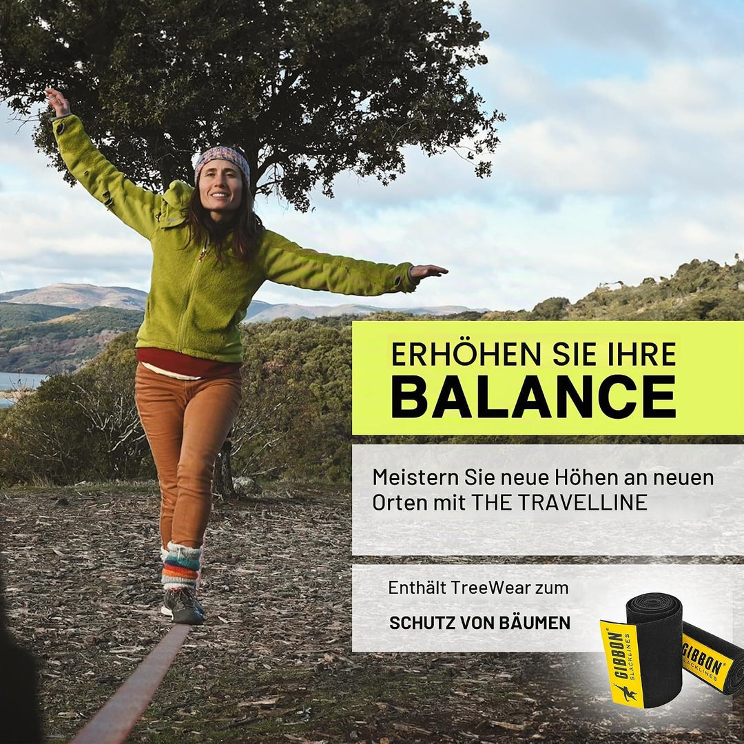 Gibbon Slacklines Travel Line | Leichtes, Kompaktes 15m Slackline-Set für Anfänger &amp; Fortgeschritten