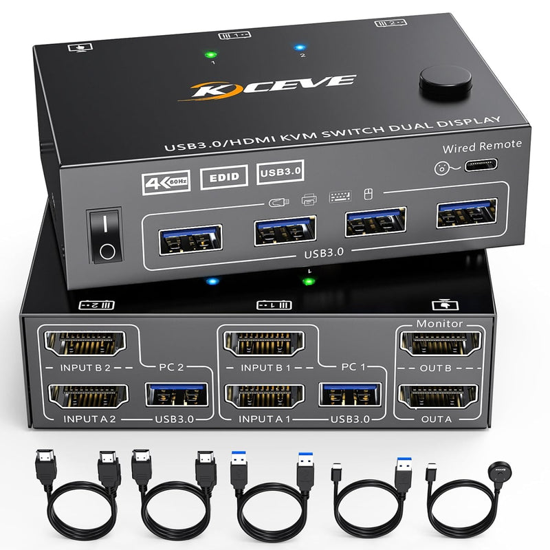 USB 3.0 KVM Switch 2 Computer 2 Monitore, HDMI KVM Umschalter Dual Monitore Mit EDID-Funktion, Unter