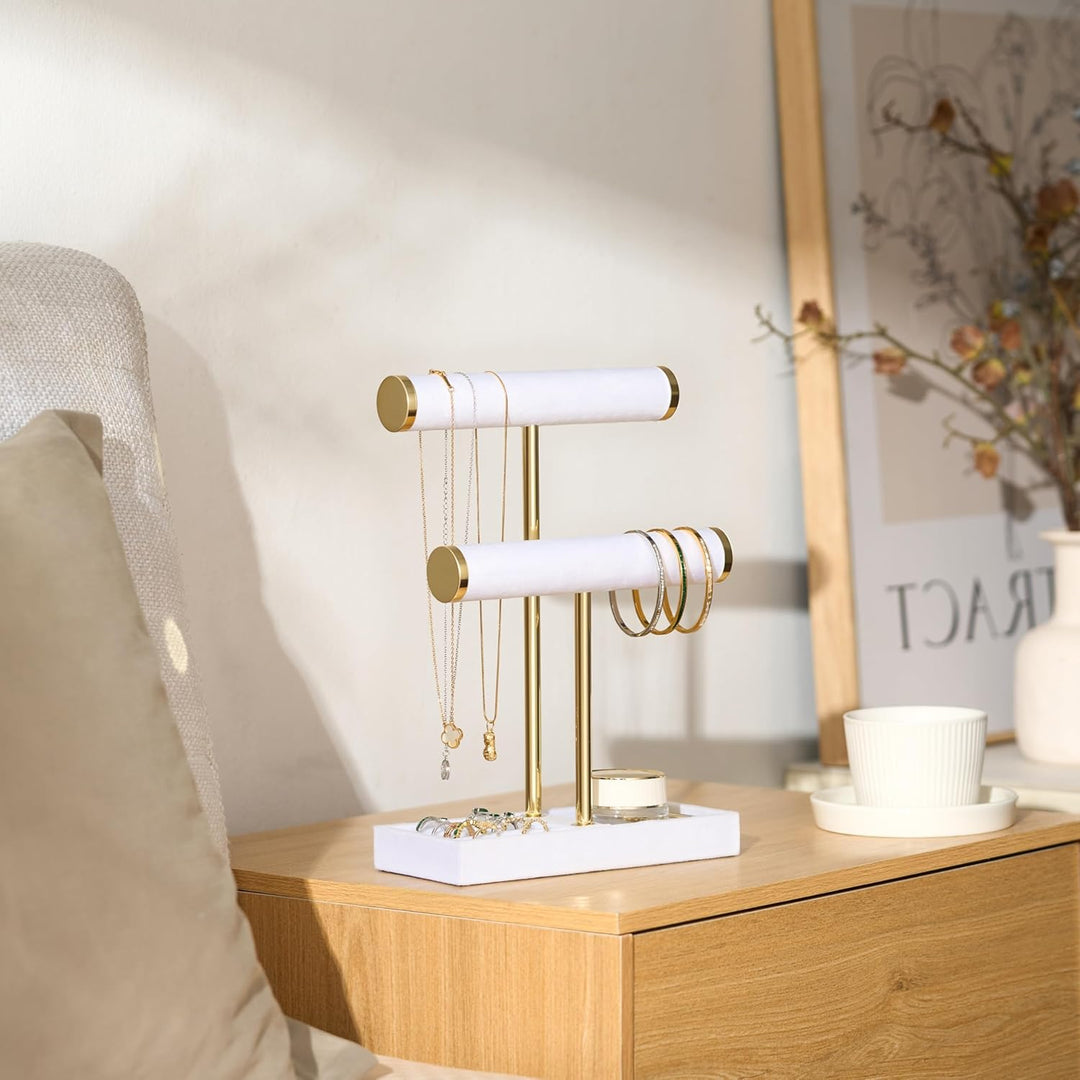 Schmuck Organizer mit 2 Ebenen - Weiss Schmuckständer Armbänder, Abnehmbarer T-Steg Schmuck Ständer,