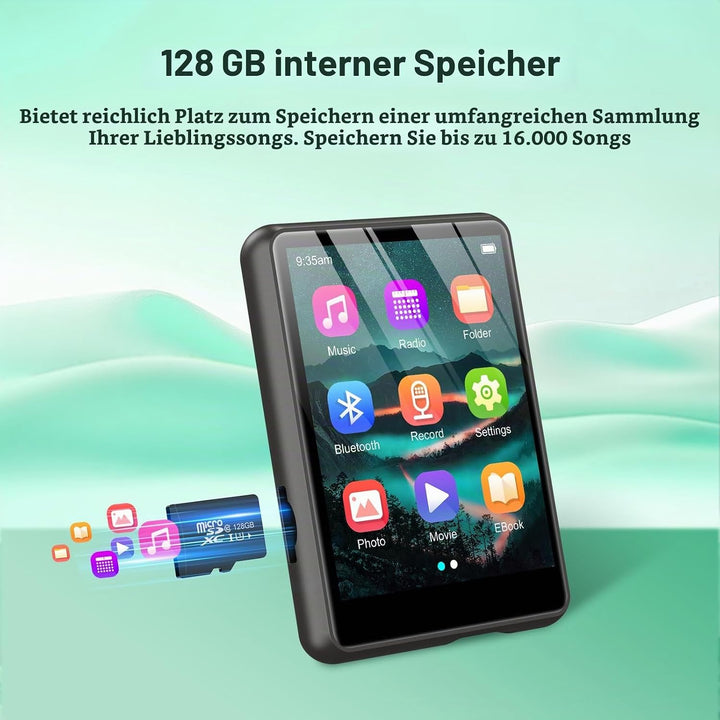 128GB MP3 Player Bluetooth 5.3, ZAQE 2.4" Full Touchscreen Tragbarer Sport MP3 Player,Eingebaute Hig