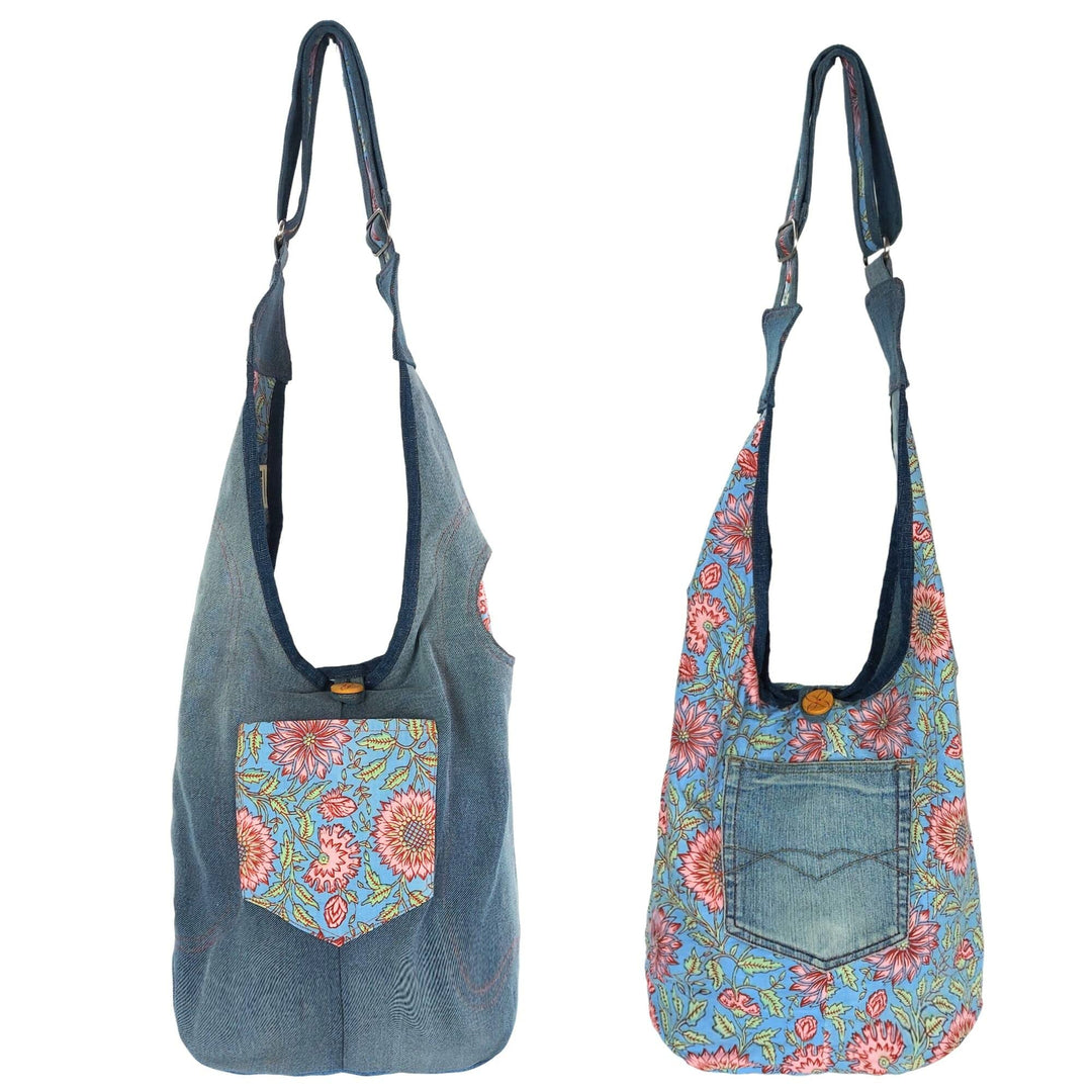 Sunsa Damen nachhaltige Hobo Tasche. Umhängetasche aus recycelte Jeans & Baumwolle. Boho blumig Cros