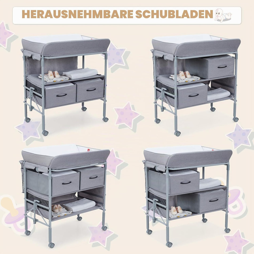 Wickeltisch Klappbar Mit 2 Schubladen, Höhenverstellbar, Wasserdichte Matte, Platzsparende Wickelkom