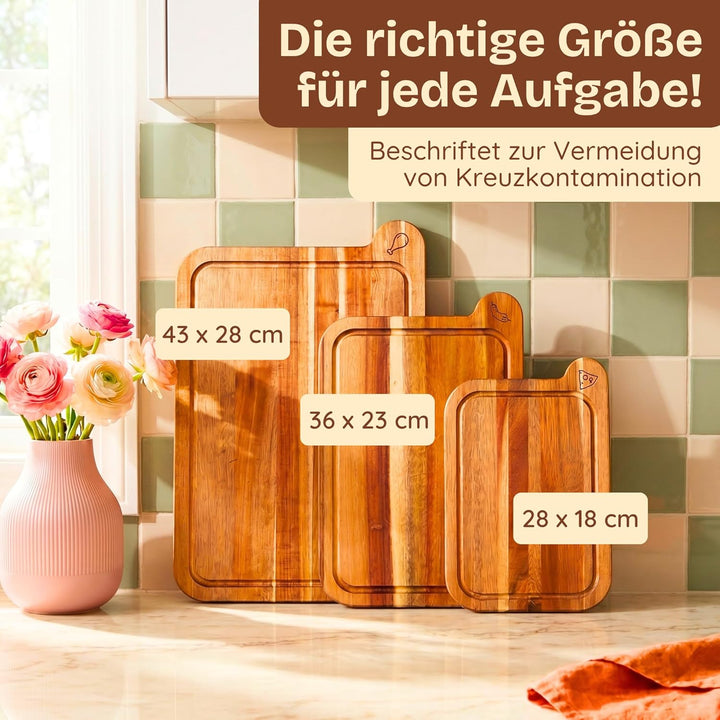 Ungiftige Schneidebretter – Schneidebrett-Set frei von Mineralöl, aus FSC-Akazienholz – Küchenutensi