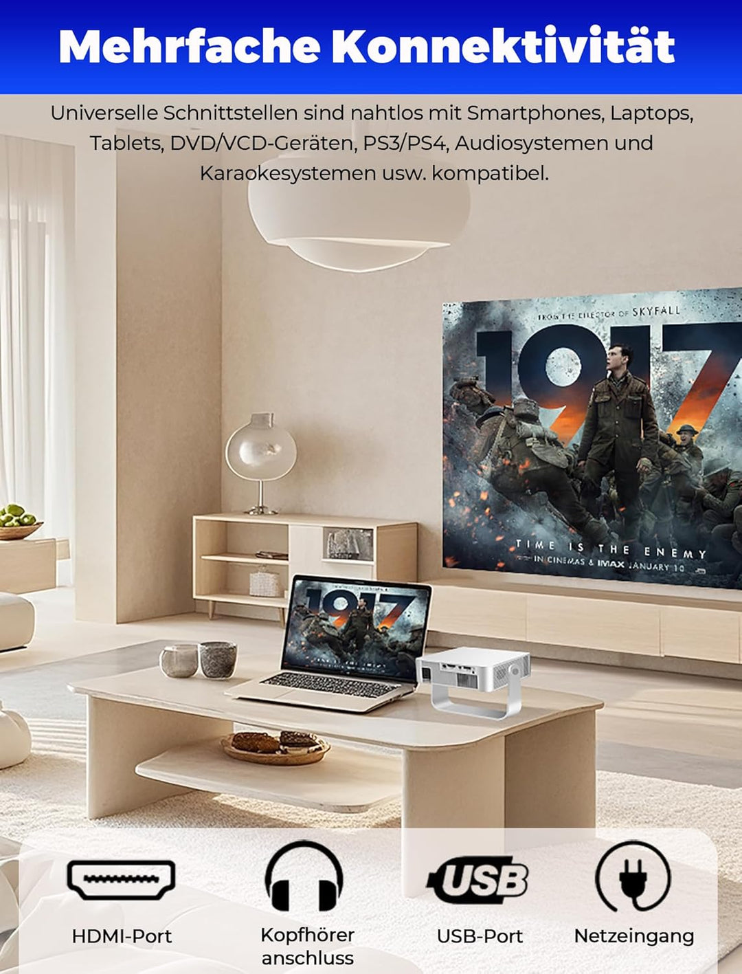 Mini Beamer mit WiFi 6 und Bluetooth 5.4, tragbarer Projektor 4K/1080P Unterstützung, Video Beamer m