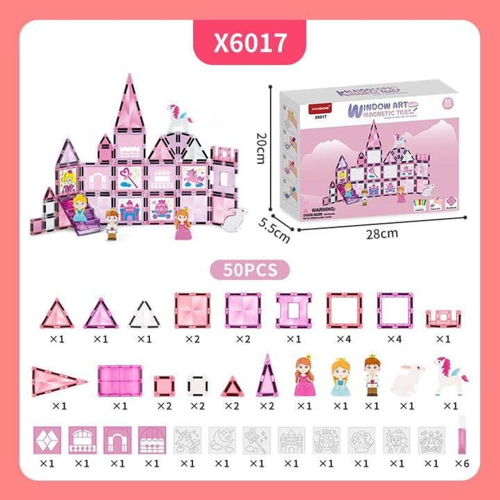 Magnetische Fliesen Set, 3D Märchen-Schloss in Pink, Magnetkacheln für Kinder ab 3 Jahren, STEM Baus
