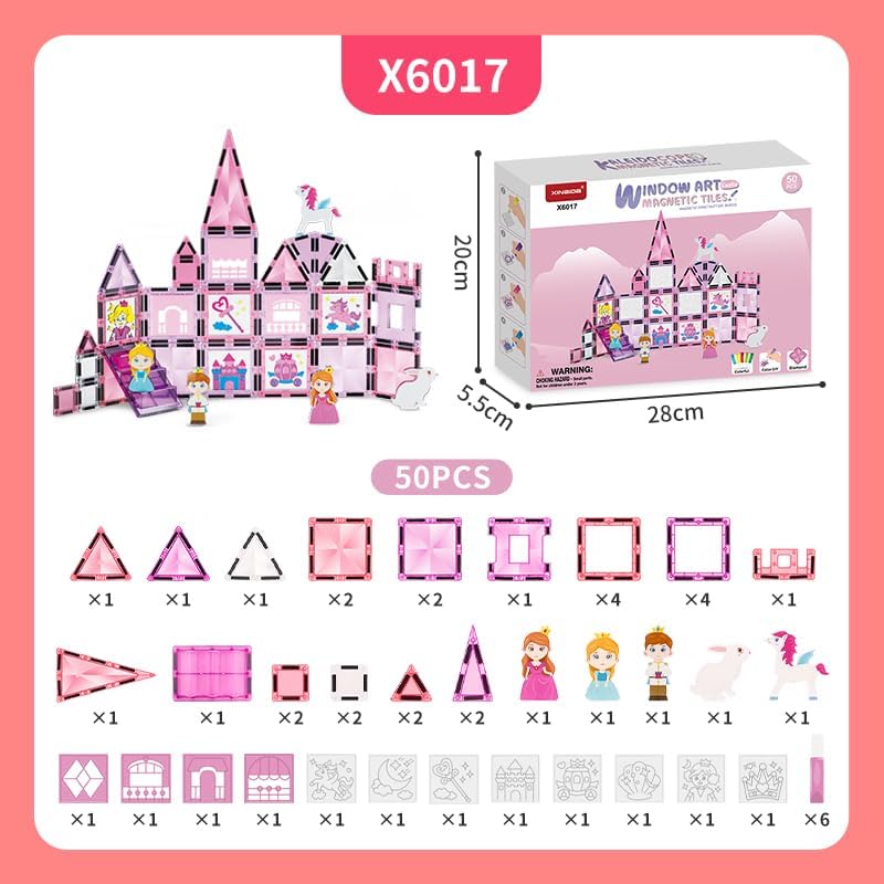 Magnetische Fliesen Set, 3D Märchen-Schloss in Pink, Magnetkacheln für Kinder ab 3 Jahren, STEM Baus