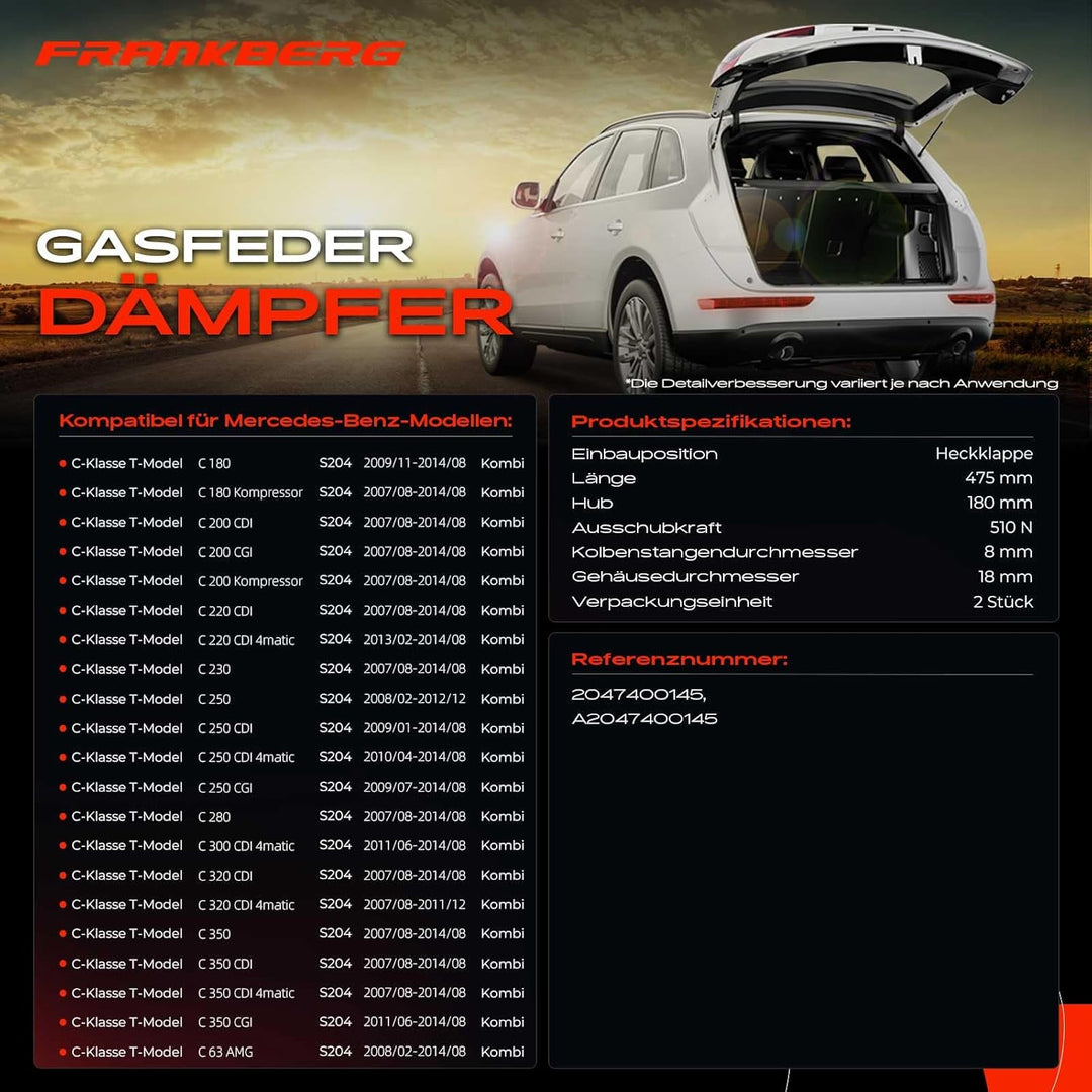 Frankberg 2x Gasfeder Dämpfer Heckklappe Kompatibel mit C-Klasse T-Model S204 160 180 200 220 230 25