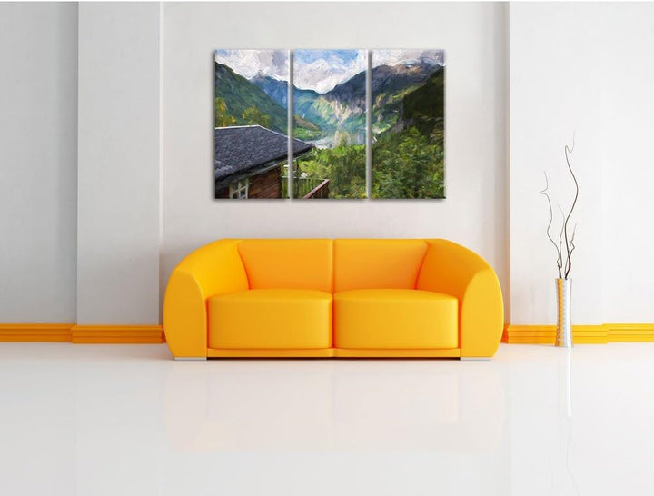 Pixxprint Hütte in Umgebung als Leinwandbild | Grösse: 3 Teilig (120x80) | Wandbild| Kunstdruck | fe