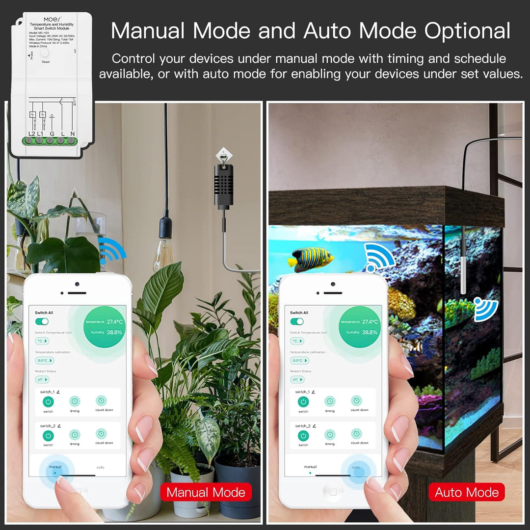 MOES WiFi Smart DIY Switch Modul mit wasserdichtem Temperatursensor, Dual Output Controller, Smart L