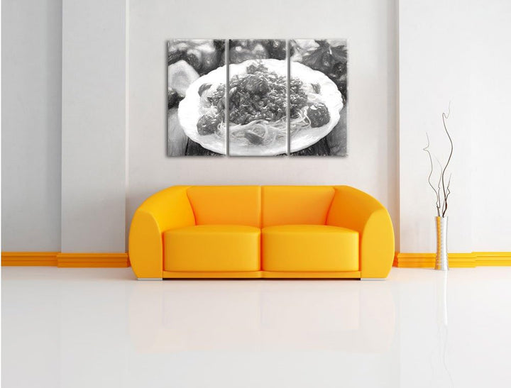 Pixxprint Spaghetti Bolognese auf dem Teller / 3-Teilig/Gesamtmass 120cm Leinwandbild bespannt auf H