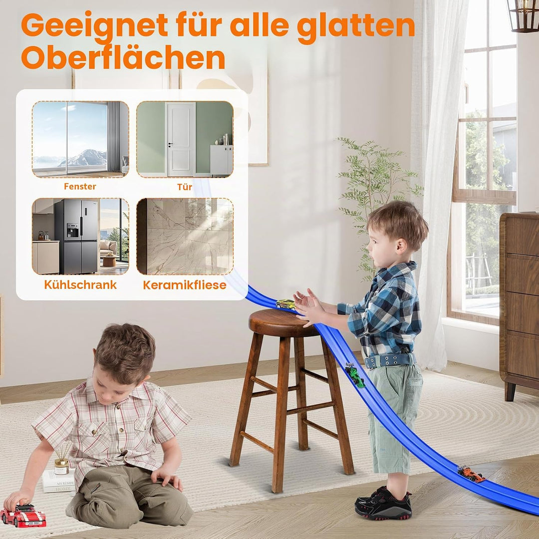 4M Flexible Autorennbahn Kinder,Dual Rennstrecke Rampen inkl 4 Spielzeugauto,Soft Rennbahn Spielzeug
