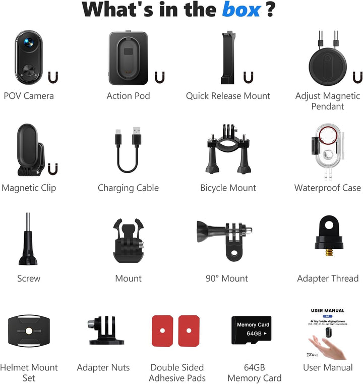 4K 30FPS Vlogging camera, 64GB Bodycam, Tragbare Freihändig POV-Kamera, 150° Winzige Action Cam Wass