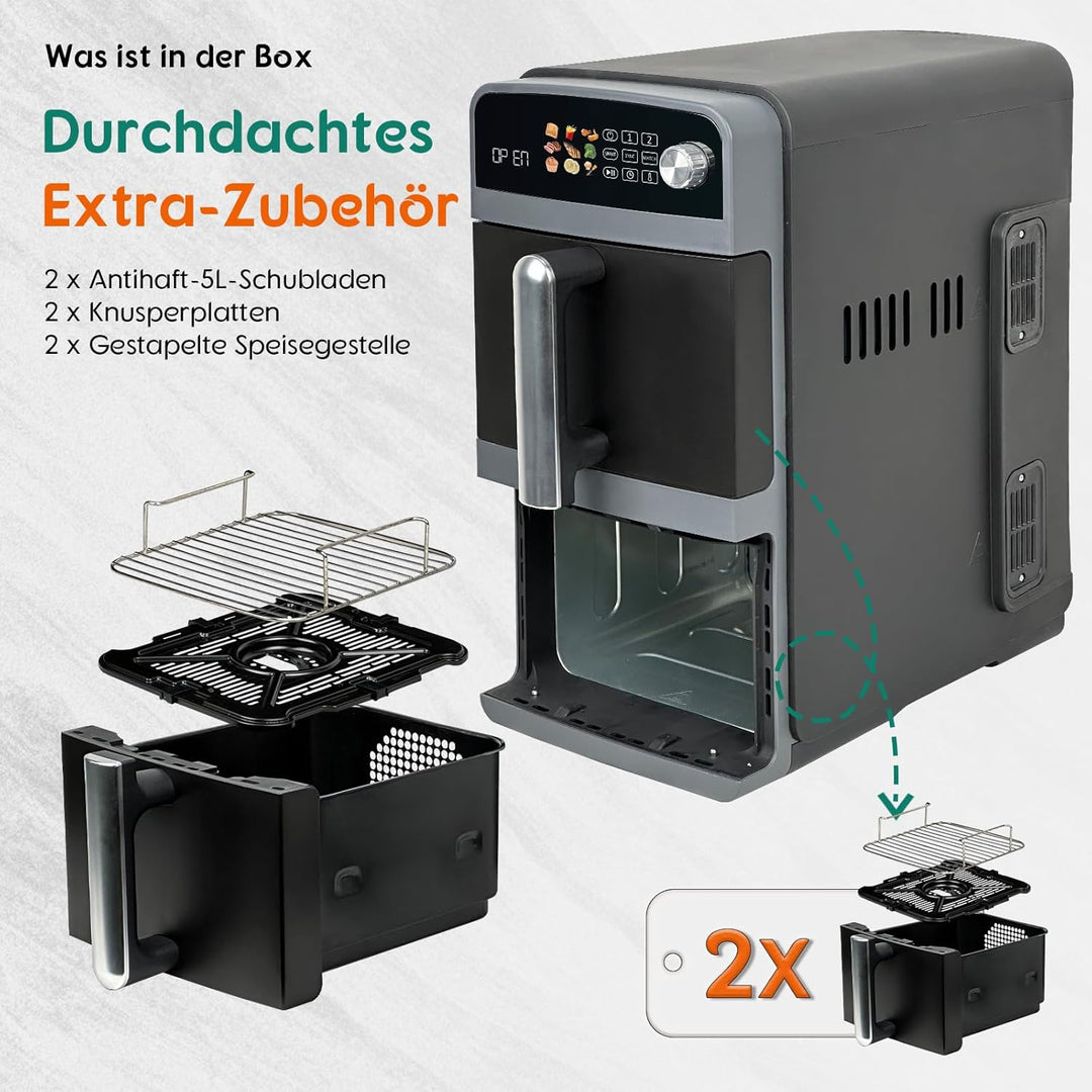10L Double Stack XL airfryer Heissluftfritteuse | 2400W heissluftfritteuse 2 kammern | Gleichmässige